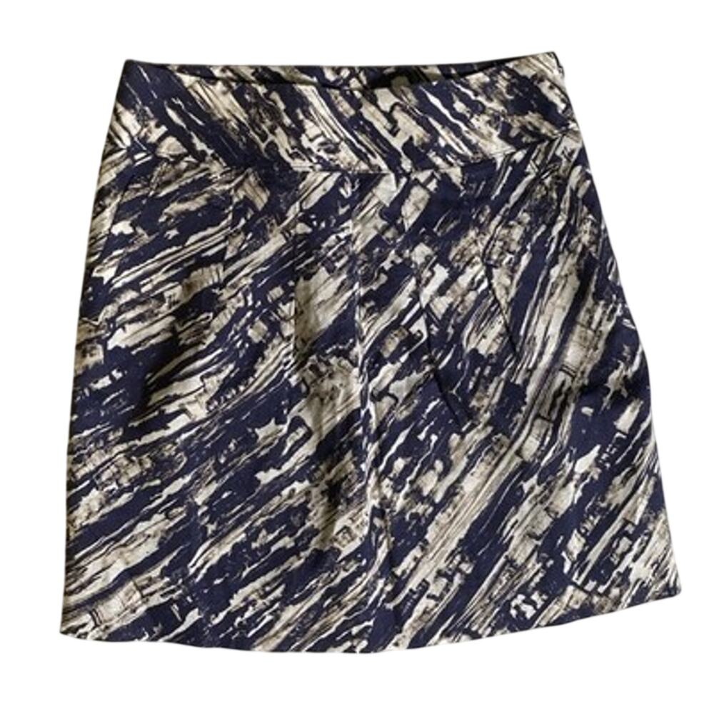 ANN TAYLOR Linen Women’s Navy/beige/ivory Print Pleated A-Skirt w/Pockets Size 8
